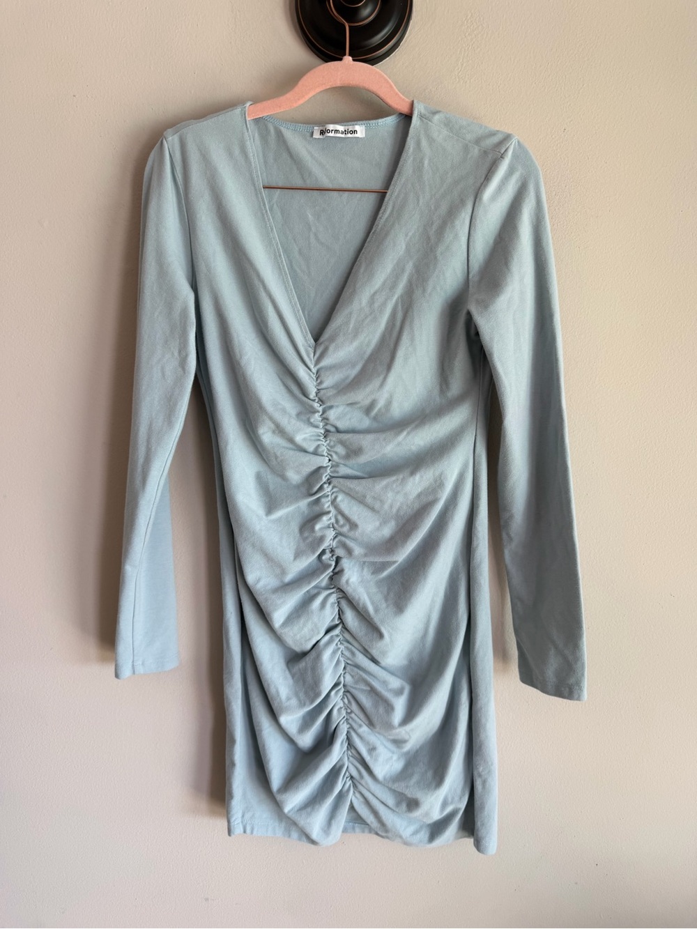 Reformation Light Blue Ruched V-Neck Long Sleeve Mini Dress